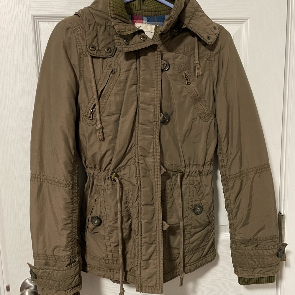 American Eagle outfitters Size XS coat flannel lined removable hood olive women
